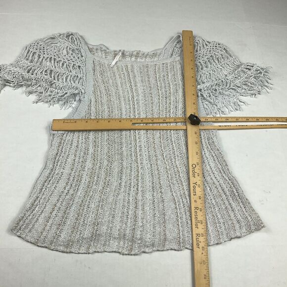 Free People Open Knit Boho Top Gray Short Sleeve Crochet Trim Festival Shirt S - Picture 6 of 11